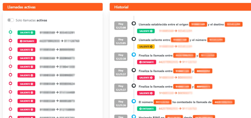 llamadas activas en tiempo real