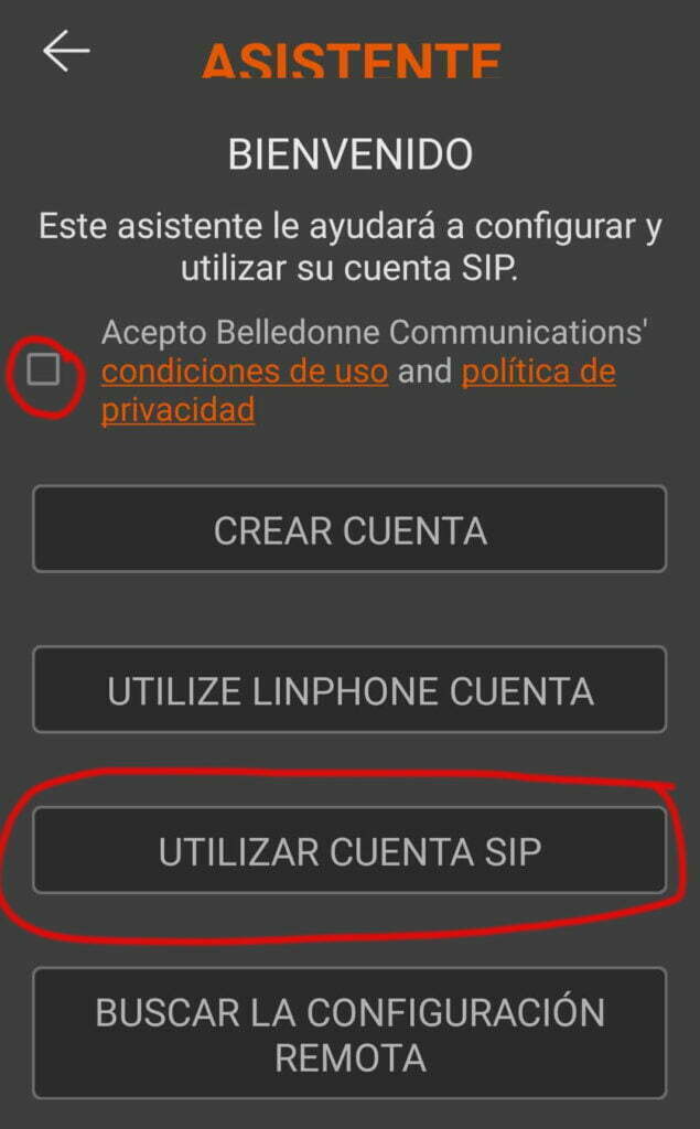configuración linphone móvil