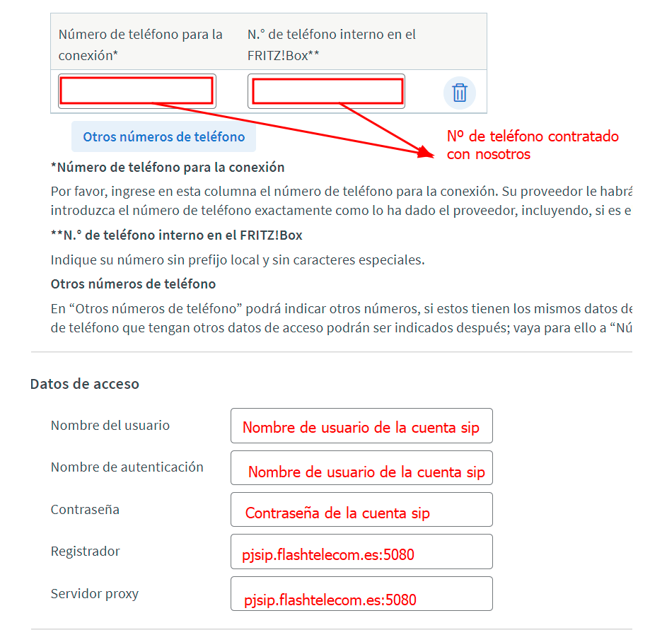 configuración campo a campo de una cuenta sip de flash telecom en un router fritzbox