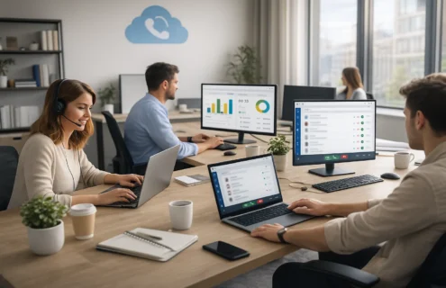 oficina con gente usando centralita virtual cloud