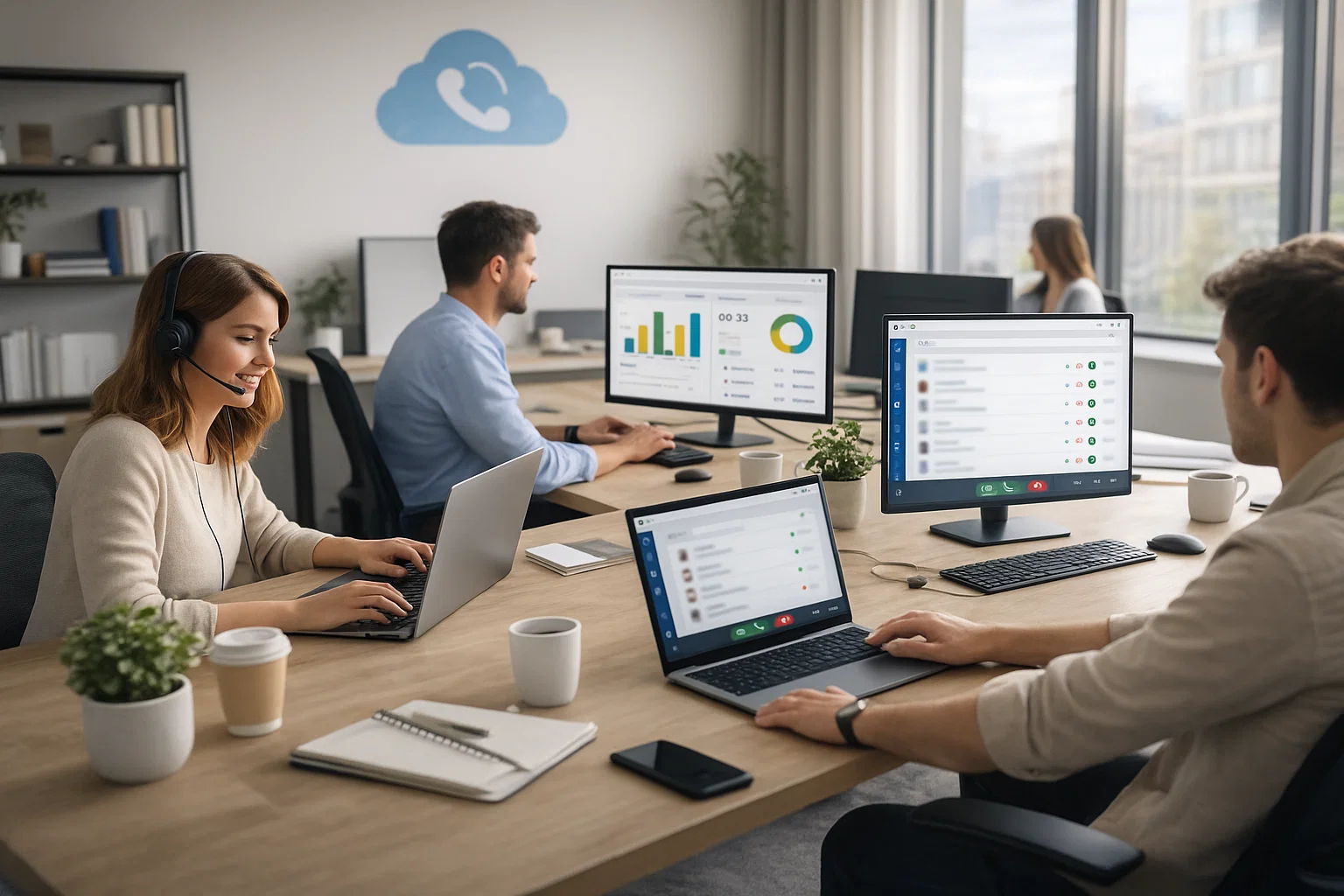 oficina con gente usando centralita virtual cloud